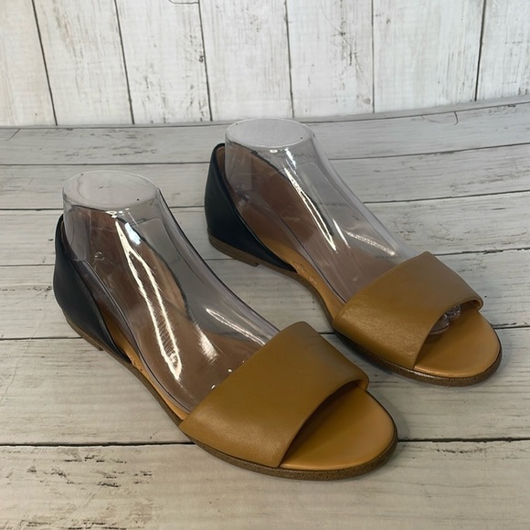 J Crew Morgan Leather D'orsay Black and Tan Color Block Peep Toe Flats Sandals - Picture 1 of 13